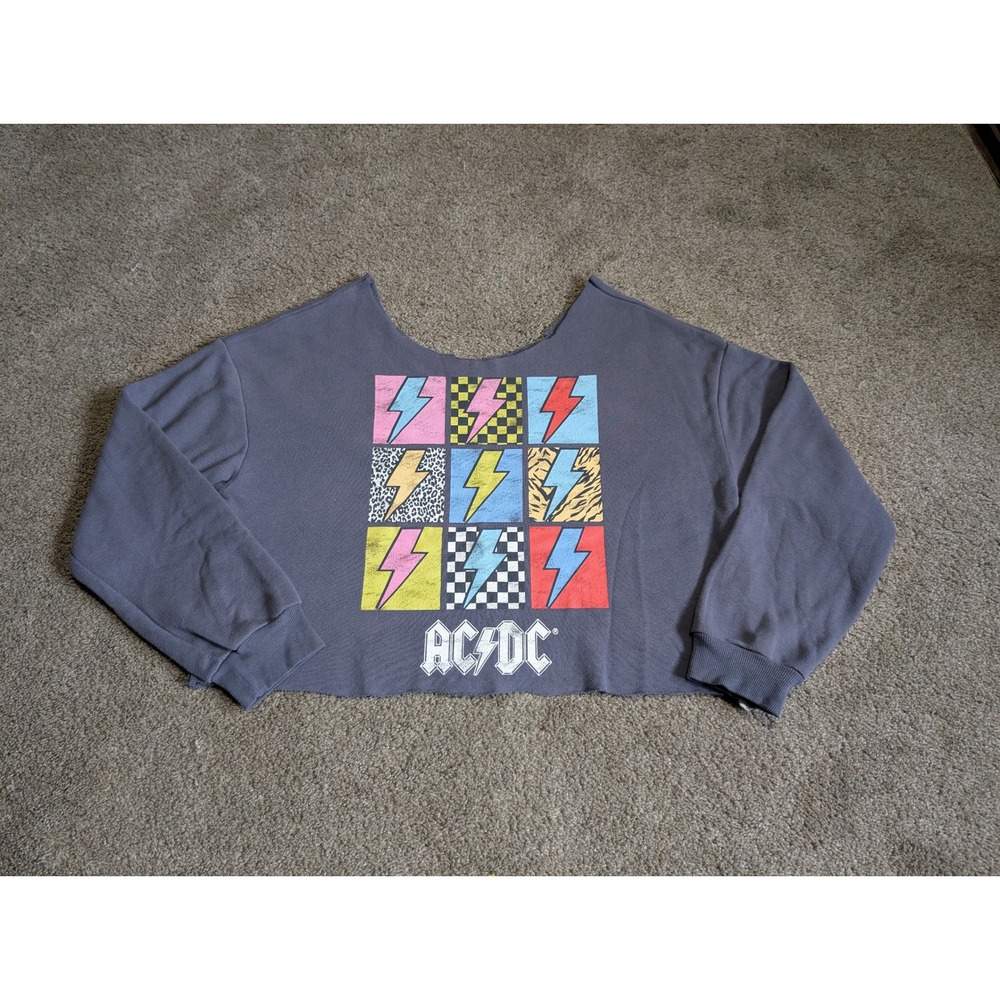 AC/DC Graphic Cropped Sweatshirt Gray Lightning Bolt Rock Band Pullover XXL